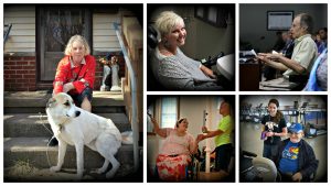 Various people with disabilities smiling, enjoying life, working, playing, sitting with dog