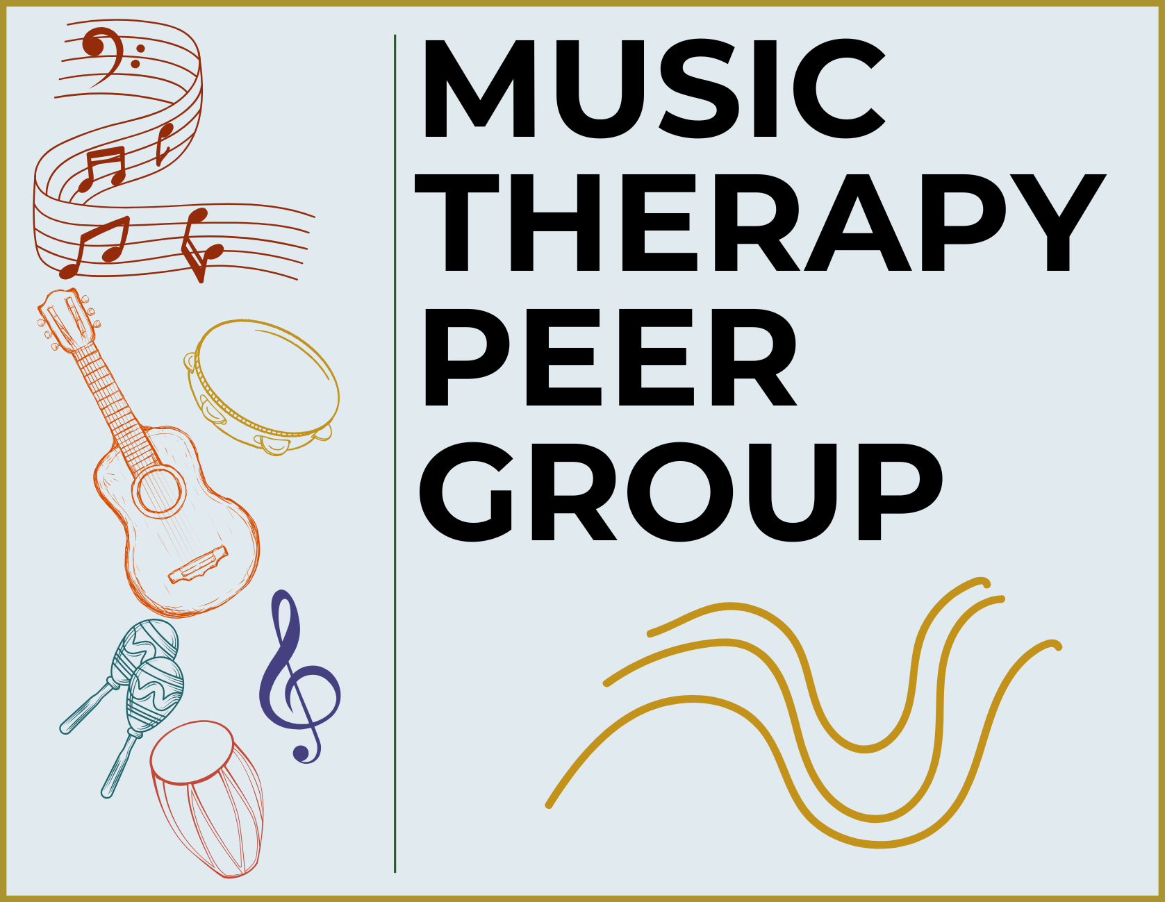 Image contains musical instruments, notes and a treble clef graphic with text that reads, "Music Therapy Peer Group"