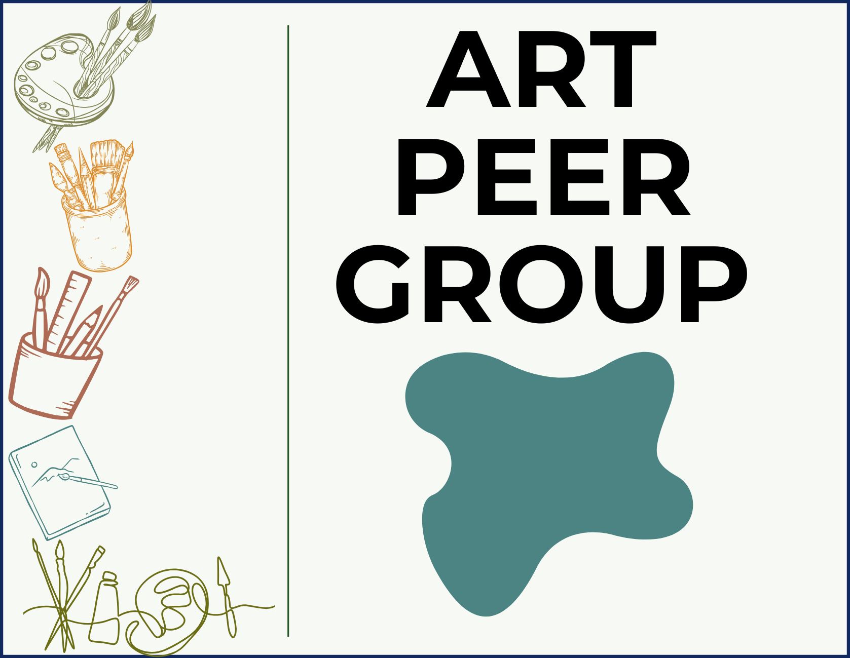 image contains art supply graphics including paintbrushes, pencils, a paint pallet and paper with text that reads, Art Peer Group.