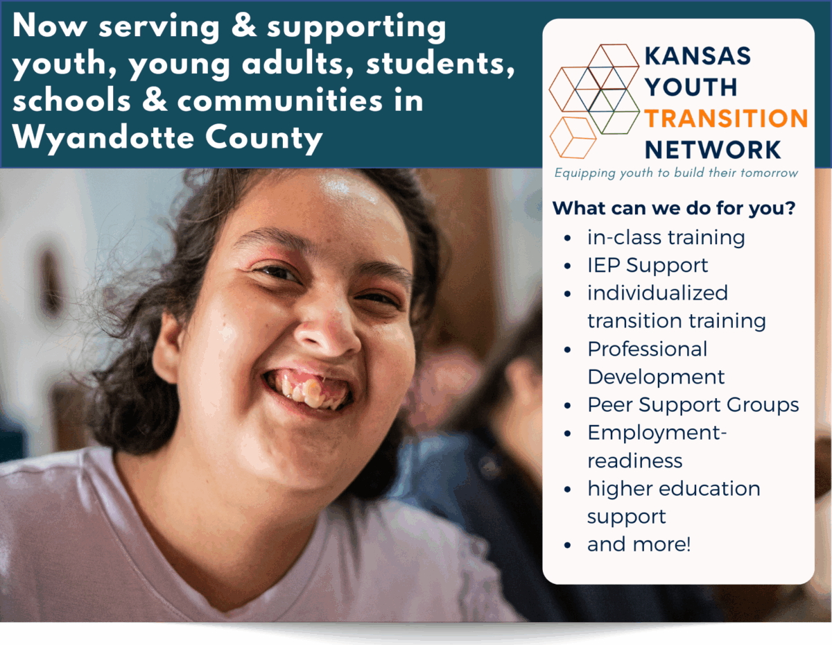 Infographic with a photo of a girl in a classroom setting and text that reads "now serving and supporting youth, young adults, students, schools and communities in Wyandotte County