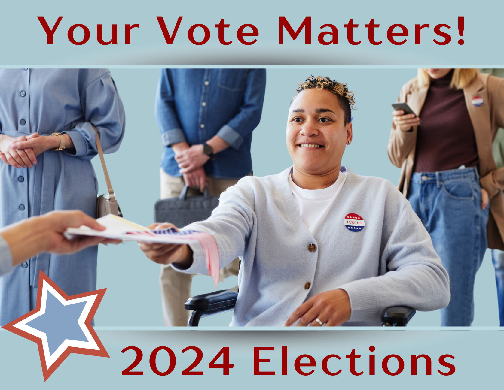 dark-skinned female with short black hair wearing a gray v neck sweater sitting in a wheelchair hands her completed election ballot to an election station volunteer