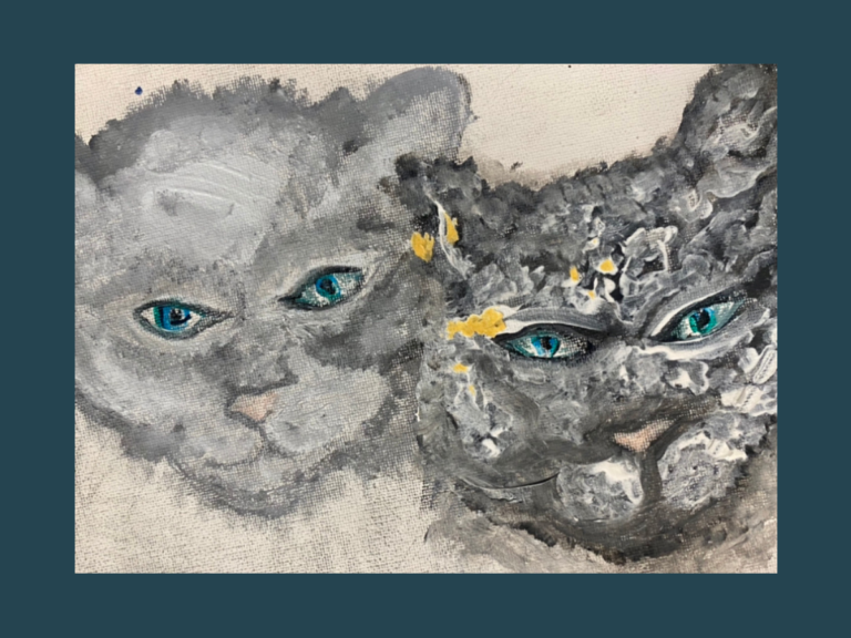 painting of the faces of two cats in shades of gray and white with aqua blue eyes and pale pink noses