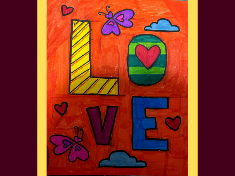 brightly colored page with the word love and elements in the background of butterflies, hearts and clouds.