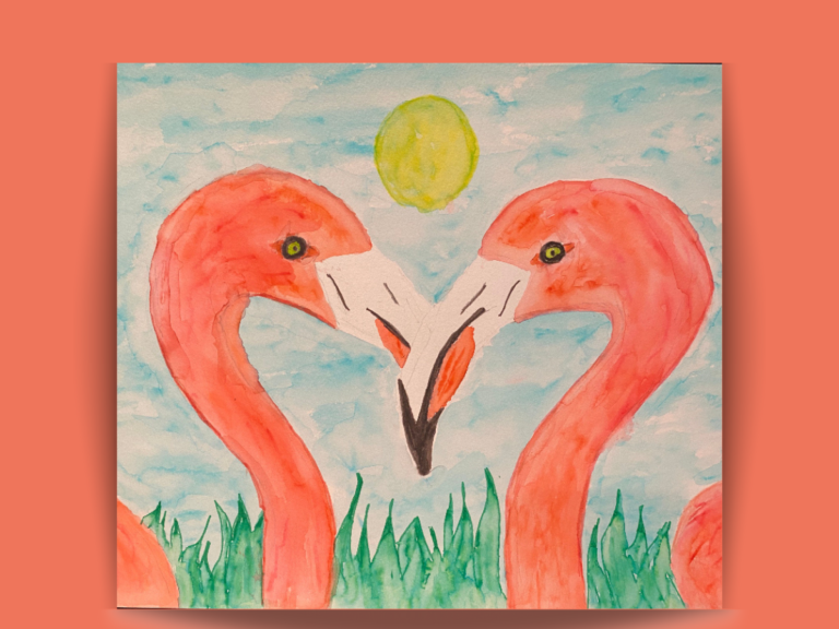 watercolor painting of two pink flamingos facing each other with grass, a blue sky and bright yellow sun in the background