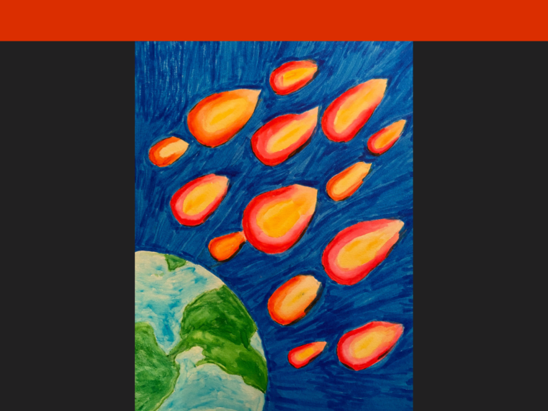 marker art with a blue background for the atmosphere with bright red, orange and yellow meteor -like shapes heading towards earth