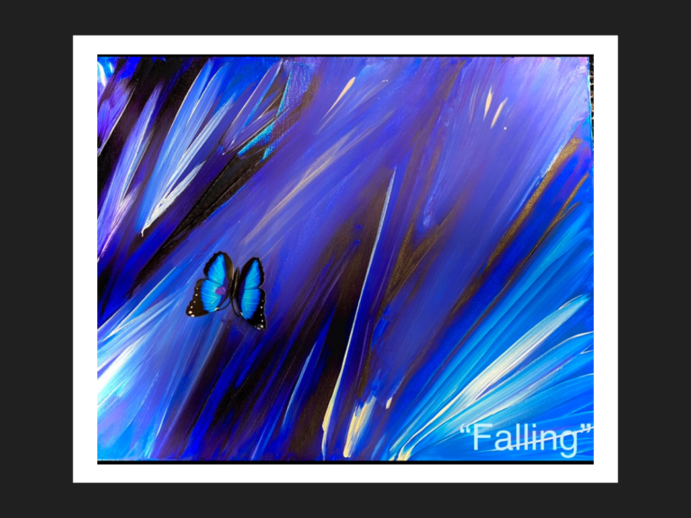 Art piece titled Falling. Background is strokes of bold blues and purples and in the foreground is a blue and black butterfly.