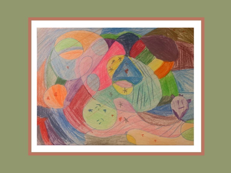 original art circles and swirls in various colors with a small red heart in the middle