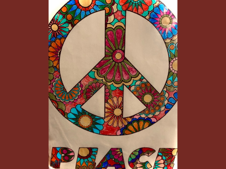 color page with a large floral peace sign and the word peace in block letters at the bottom