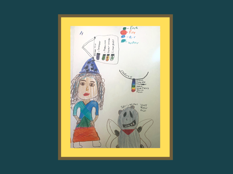hand drawn original art with a female pencil drawing colored in using a chakura chart and a spirit animal drawing of a wolf, bear, owl combination