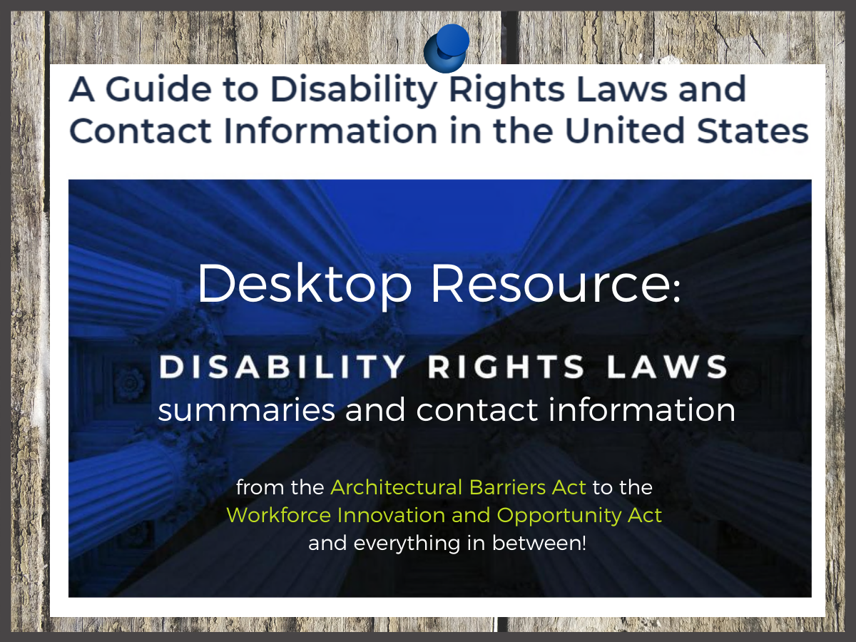 blue background with text: Guide to Disability Rights Laws and Contact information in the United States