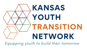 Kansas Youth Transition Network logo with blue, orange and green building style blocks and text that reads equipping youth to build their tomorrow