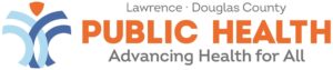 Lawrence Douglas County Public Health logo with Orange letters and blue decorative icon