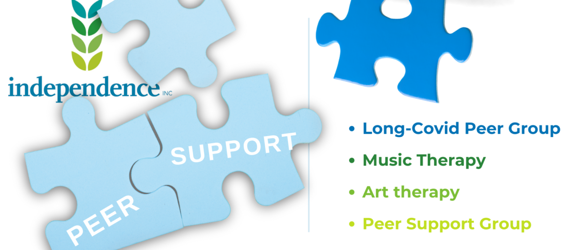 puzzle pieces that spell out Peer Support and text that reads Long Covid Peer Group. Mysic Therapy. Art Therapy. Peer Support Group