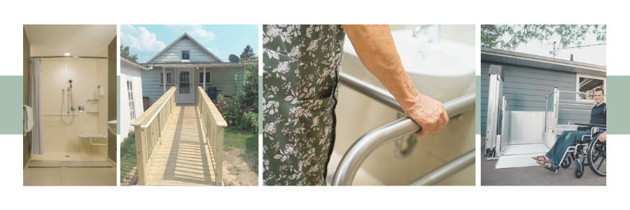 collage of 4 images: a walk in shower; a wheelchair ramp leading to the entrance of a home; a closeup of a woman leaning on a hand rail near her bathroom sink and a man in a wheelchair next to his chair lift