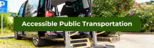 Background image of an accessible van with a ramp and text overlaid that reads: General Public Transportation