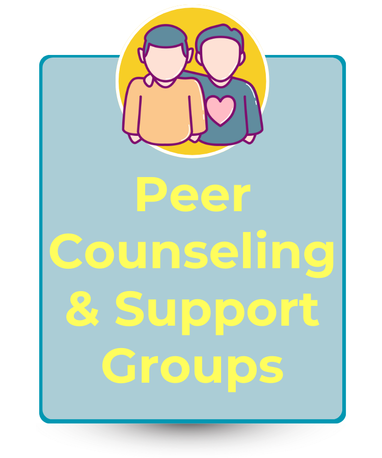 Graphic icon with text that reads Peer Counseling and Support Groups