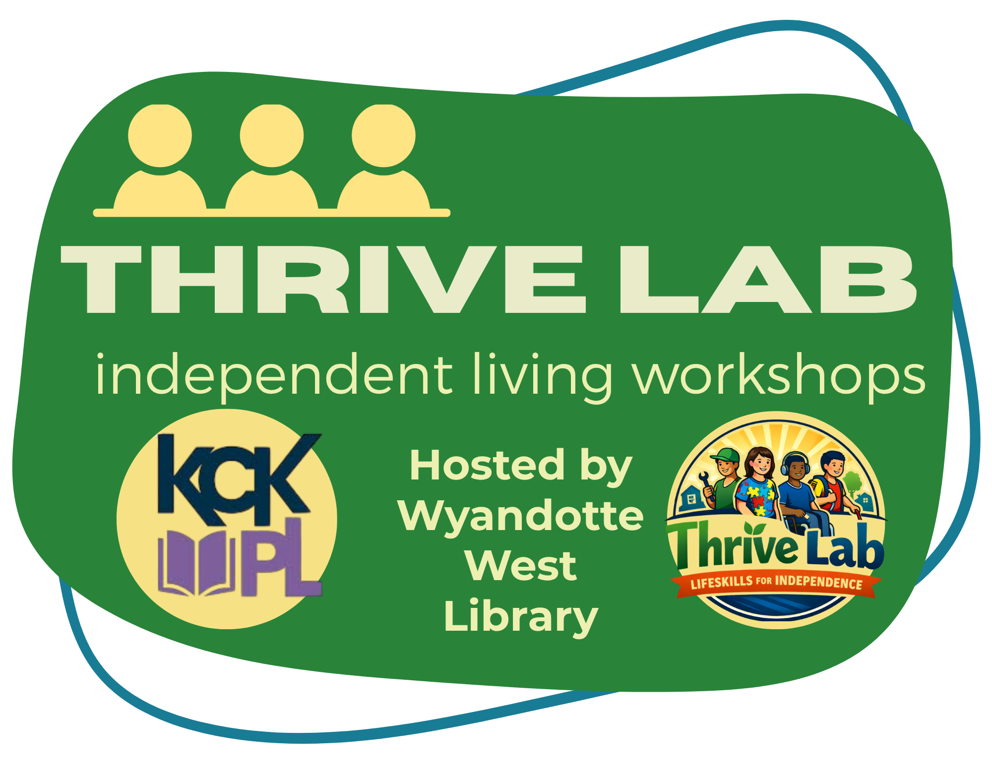 infographic with dark green background and yellow text that reads Thrive Lab, Independent Living Workshops hosted by the Wyandotte West Library.