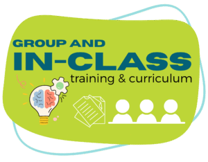 dark greenish-brown infographic icon with text that reads In Class Training and Curriculum