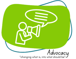 Advocacy infographic with megaphone icon and text that reads "Advocacy, changing what is into what should be"
