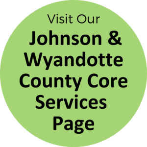 Green circle icon with text that reads "Visit our Johnson and Wyandotte County Core Services Page"