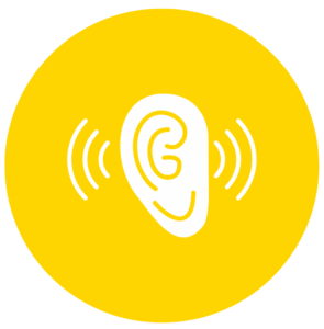 yellow circle icon with an ear and sound waves indicating listening to something