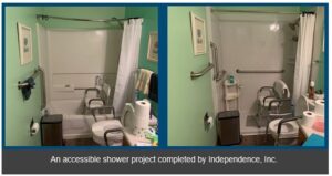 side by side photos of a bathroom that has accessibility features like a walk-in shower, grab bars and a toilet riser