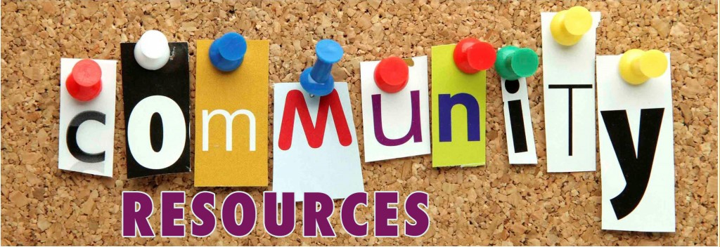 bulletin board background with various colored push pins holding up letters that spell out the words community resources