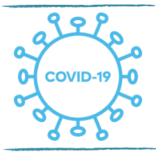 image contains graphic of a blue circle with the text COVID 19 in the center