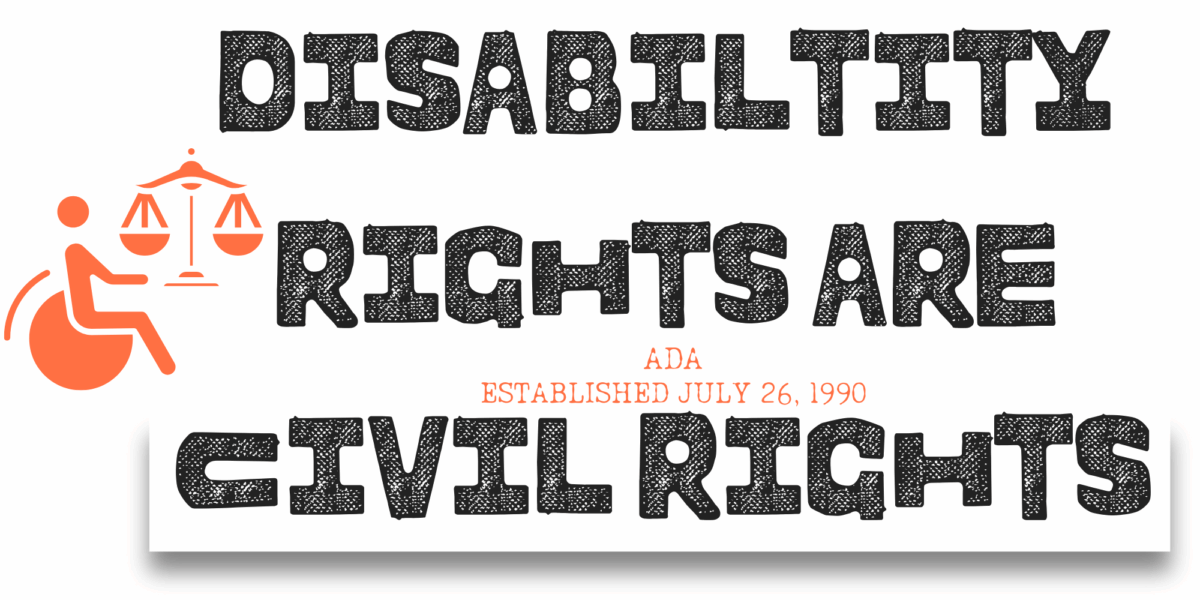 Graphic icon of a person in a wheelchair with the scales of justice and text that reads Disabiltiy Rights Are Civil Rights