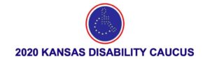 blue circle with red circle around it, white stars in the center forming an icon image of a person in a wheel chair. contains text: 2020 Kansas Disability Caucus