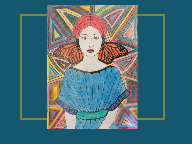color page of female with geometric background wearing a belted dress and butterfly wings behind her neck