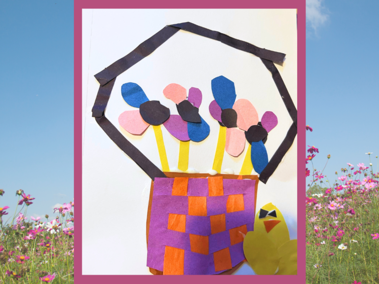 background image of a flower field with the overlay of a an art project of an Easter Basket made from construction paper