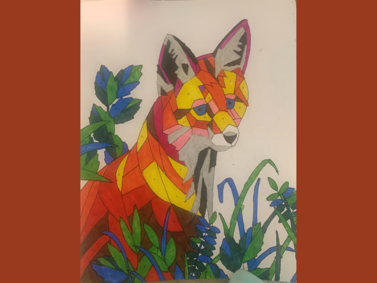 image contains an art piece of a multi colored fox sitting in grass among tall plants and leaves