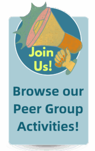 stylized hand holding a megaphone and text that reads "Join us! Browse our Peer Group Activities