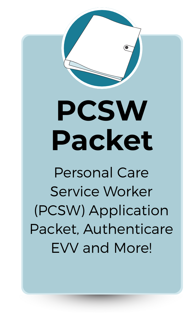 light blue notebook on a dark blue background with text that reads "P C S W packet"