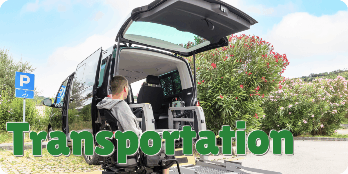 A young adult male wearing a grey hoodie jacket boards an accessible van while seated in his wheelchair